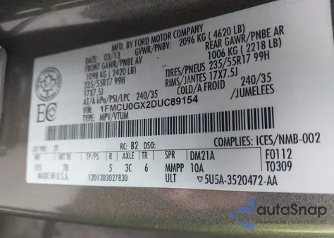 2013 Ford Escape Se из США, поврежденный, VIN 1FMCU0GX2DUC89154